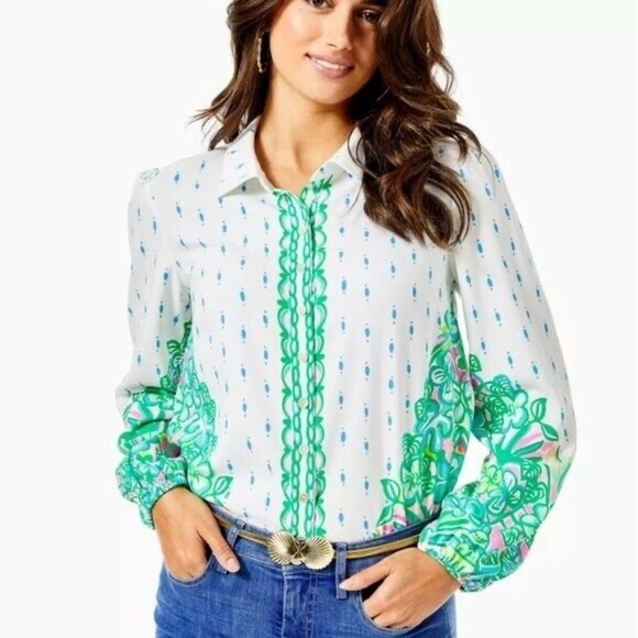Lilly Pulitzer Tops - Lilly Pulitzer Tavia Top size M white coconut Row long sleeve blouse vacation